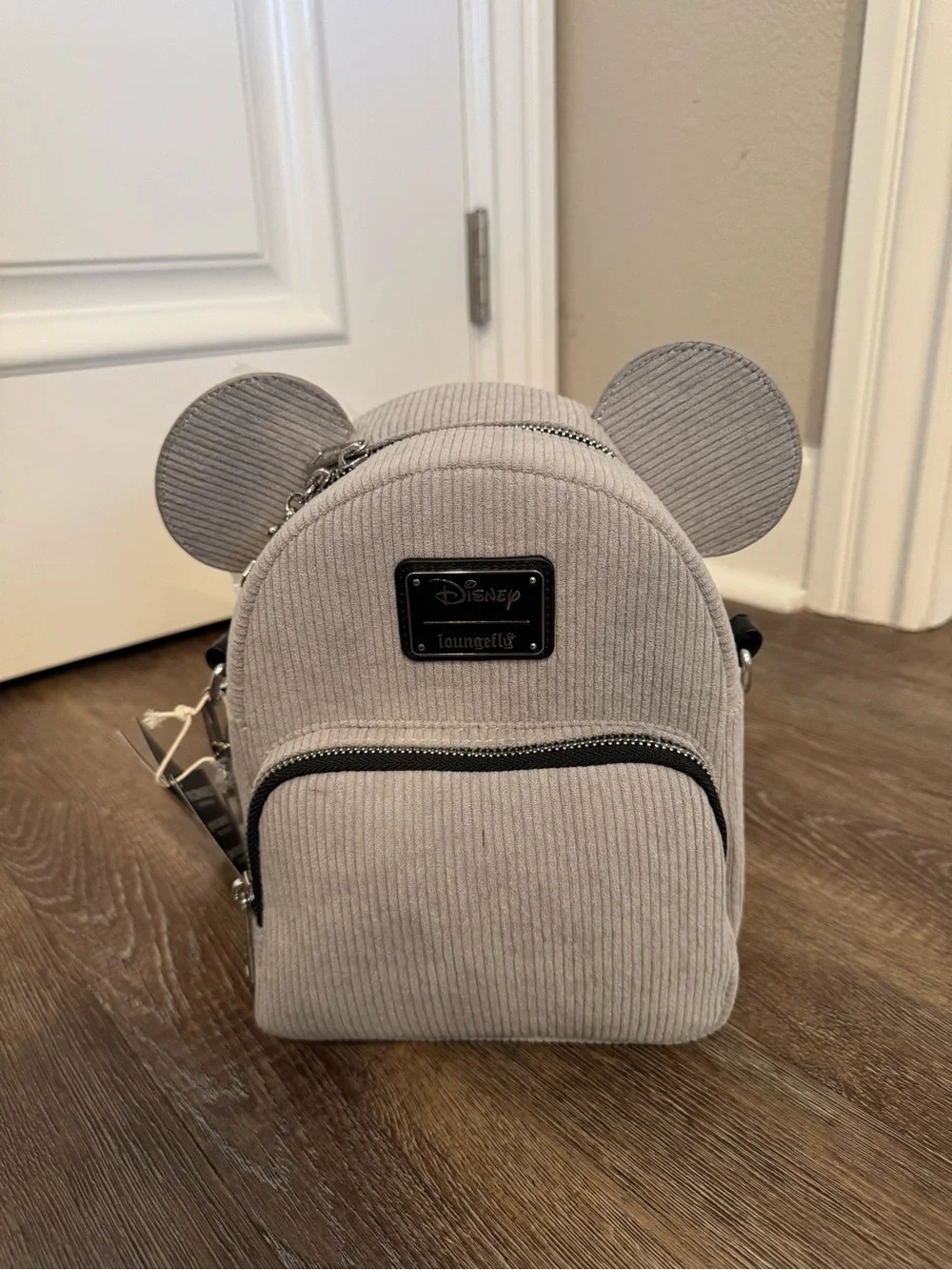 Loungefly Light Gray Corduroy Mini Backpack with Black Accents